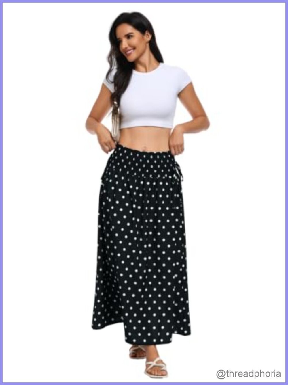 Womens Polka Dot Smocked Maxi Skirt Flowy Boho A-Line Vacation - Picture 5 of 6